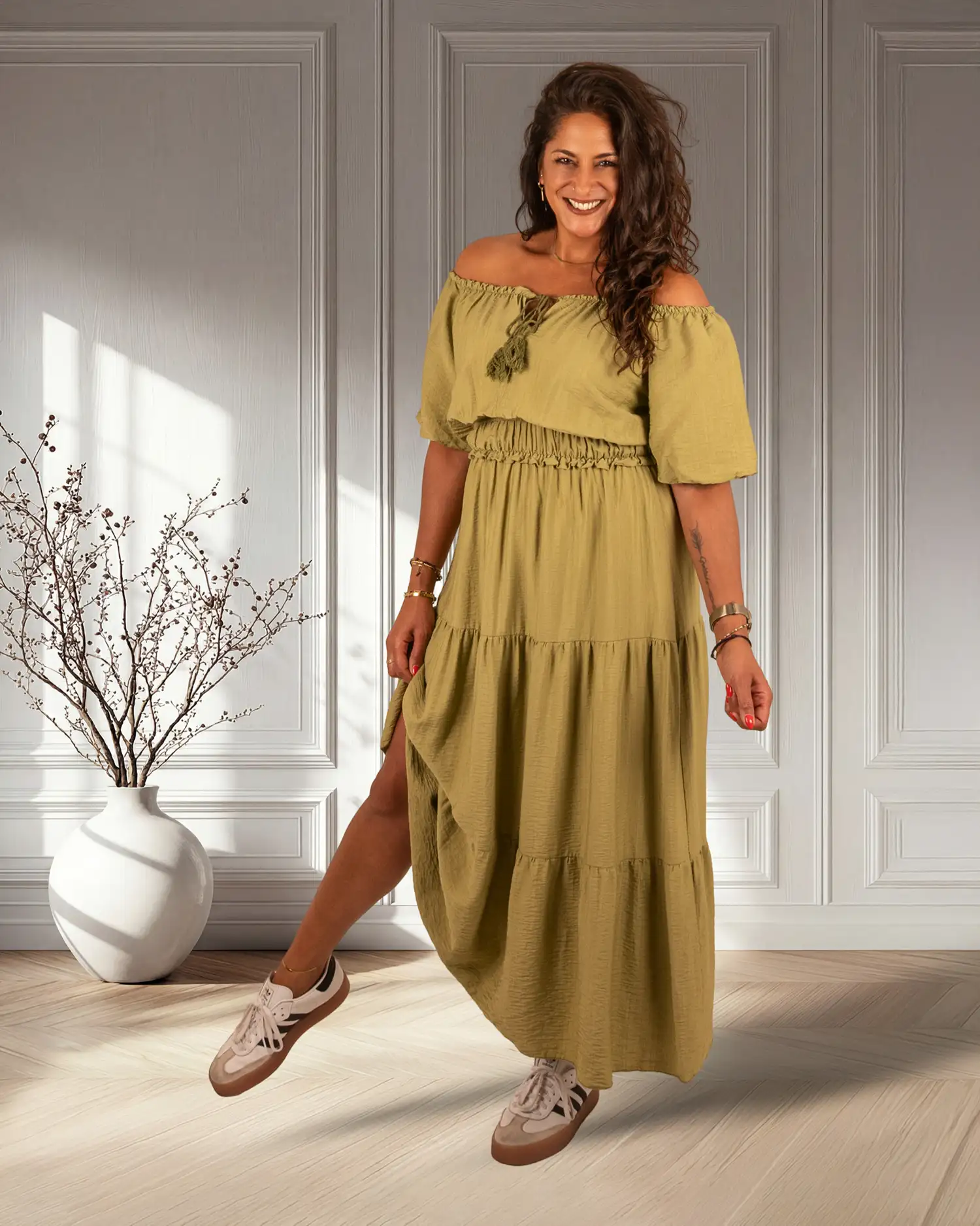 Groene off-shoulder jurk van El-Vita - Afbeelding 3