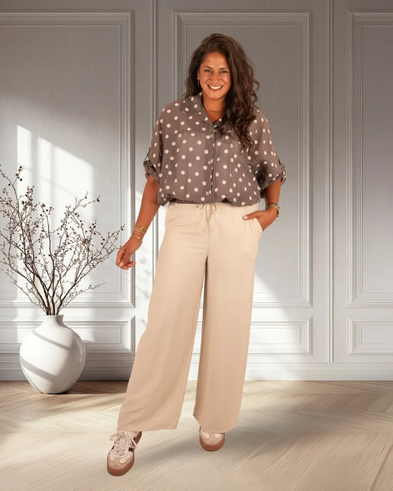 Bruine ballonblouse witte dots van El-Vita - Afbeelding 2