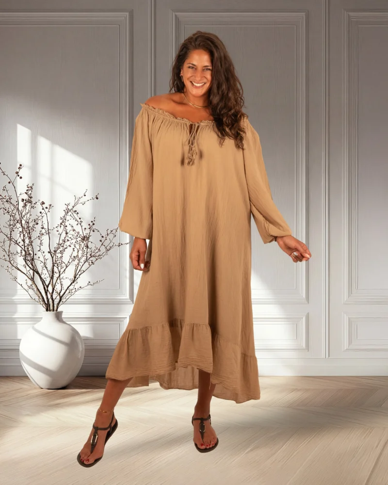 Camel off-shoulder jurk van El-Vita - Afbeelding 5