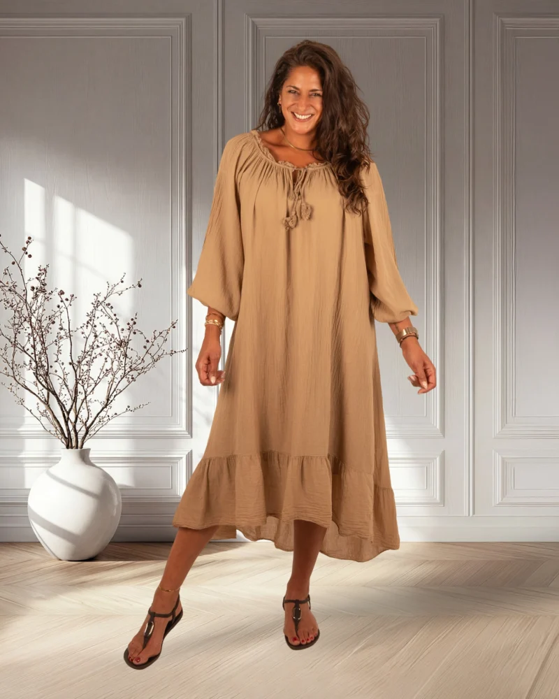 Camel off-shoulder jurk van El-Vita - Afbeelding 2