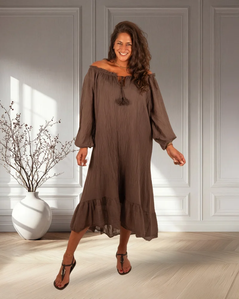 Donkerbruine off-shoulder jurk van El-Vita - Afbeelding 5