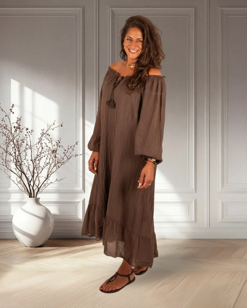 Donkerbruine off-shoulder jurk van El-Vita - Afbeelding 2