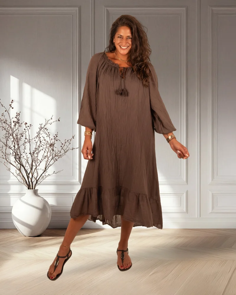 Donkerbruine off-shoulder jurk van El-Vita - Afbeelding 3