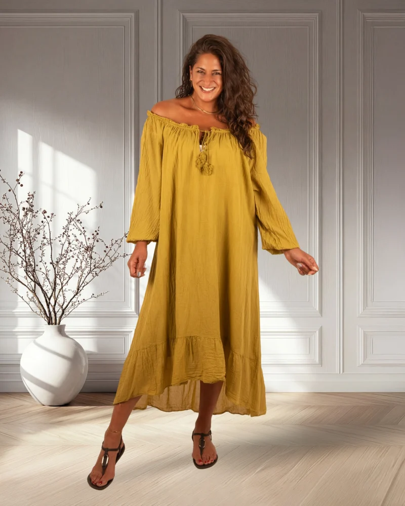 Mosterd off-shoulder jurk van El-Vita - Afbeelding 5