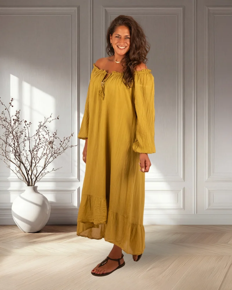 Mosterd off-shoulder jurk van El-Vita - Afbeelding 2