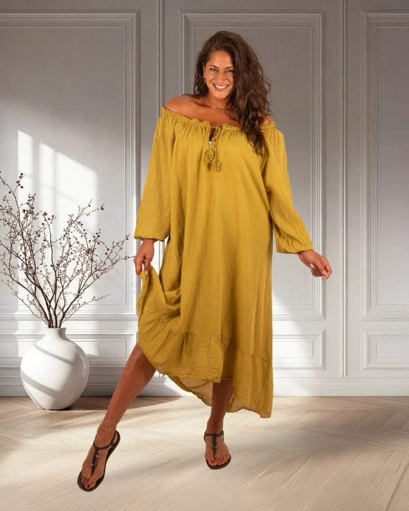 Mosterd off-shoulder jurk van El-Vita