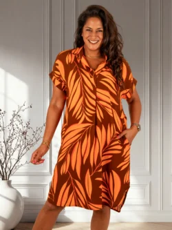 Bruin/oranje bladerenprint jurkje van El-Vita