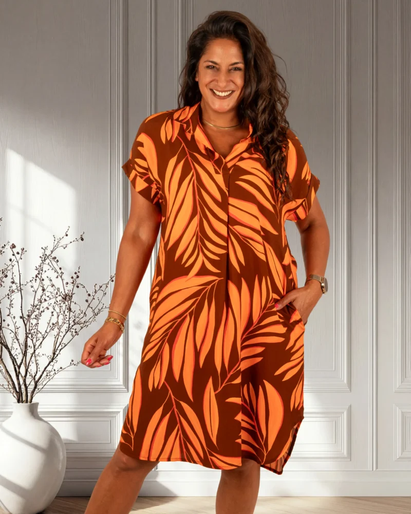 Bruin/oranje bladerenprint jurkje van El-Vita