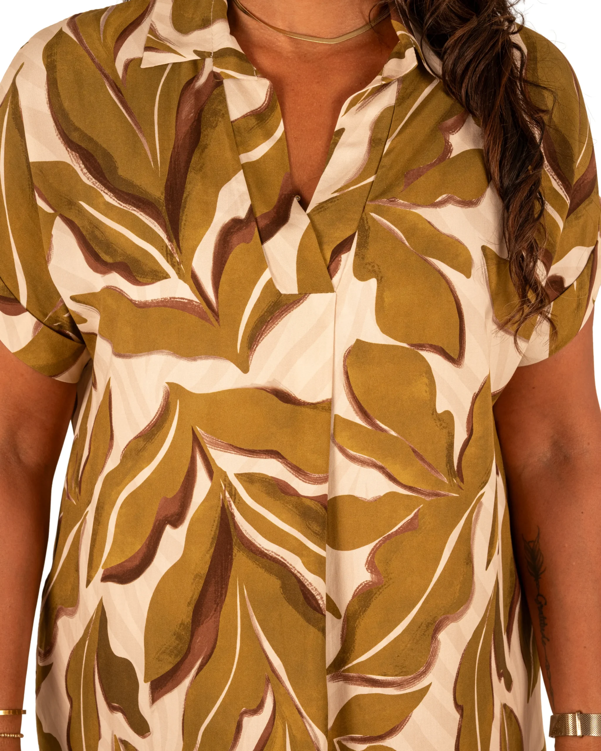 Beige/groen bladerenprint jurkje van El-Vita - Afbeelding 4