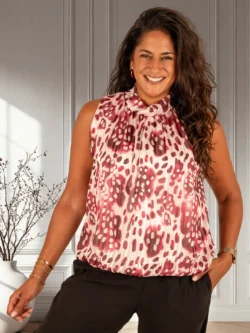 Ecru/bordeaux print mouwloze ballontop van El-Vita
