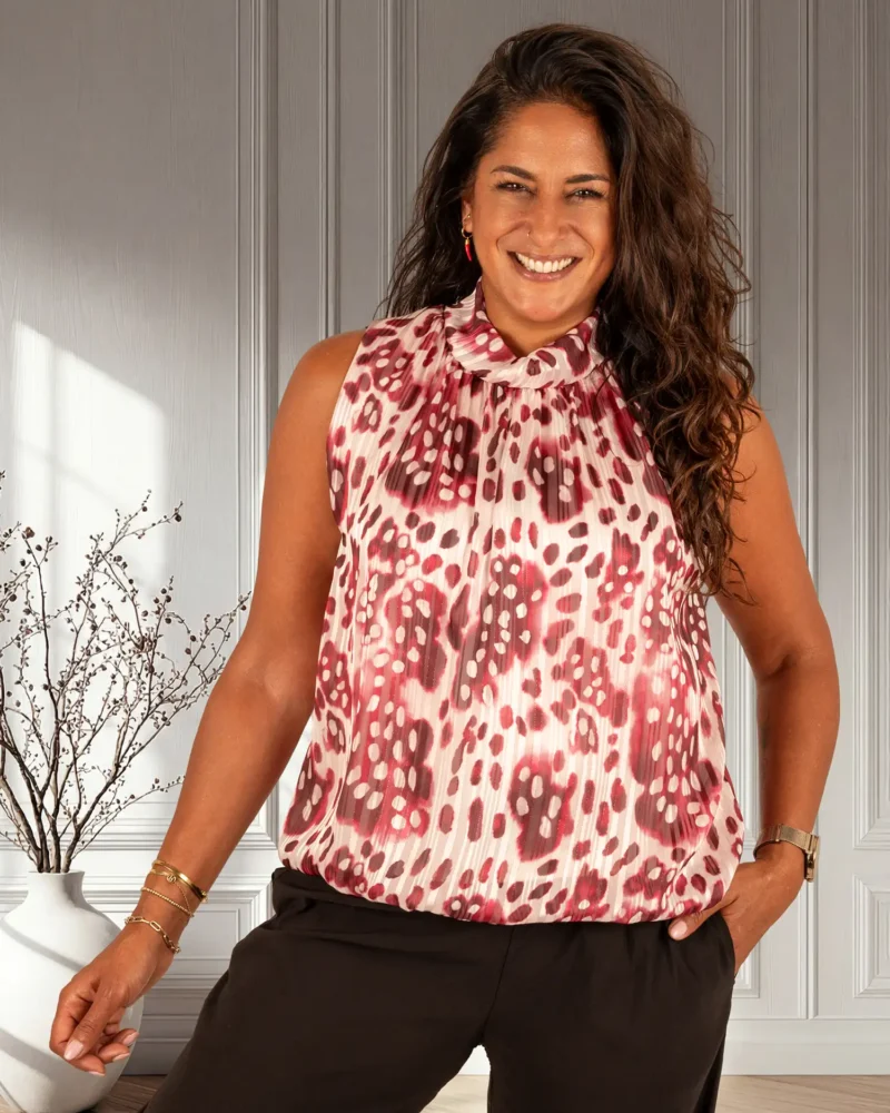 Ecru/bordeaux print mouwloze ballontop van El-Vita