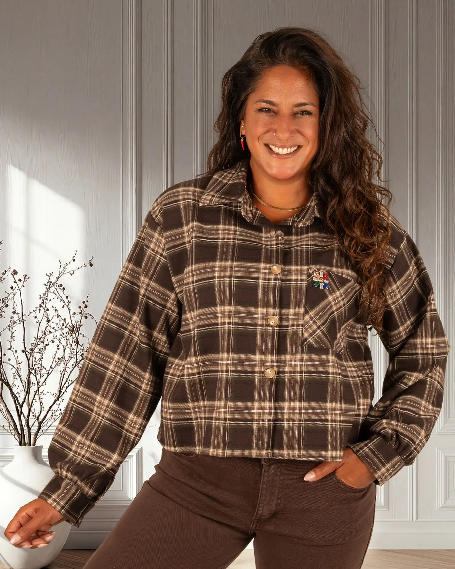 Donkerbruin/beige geruite korte blouse van El-Vita - Afbeelding 3
