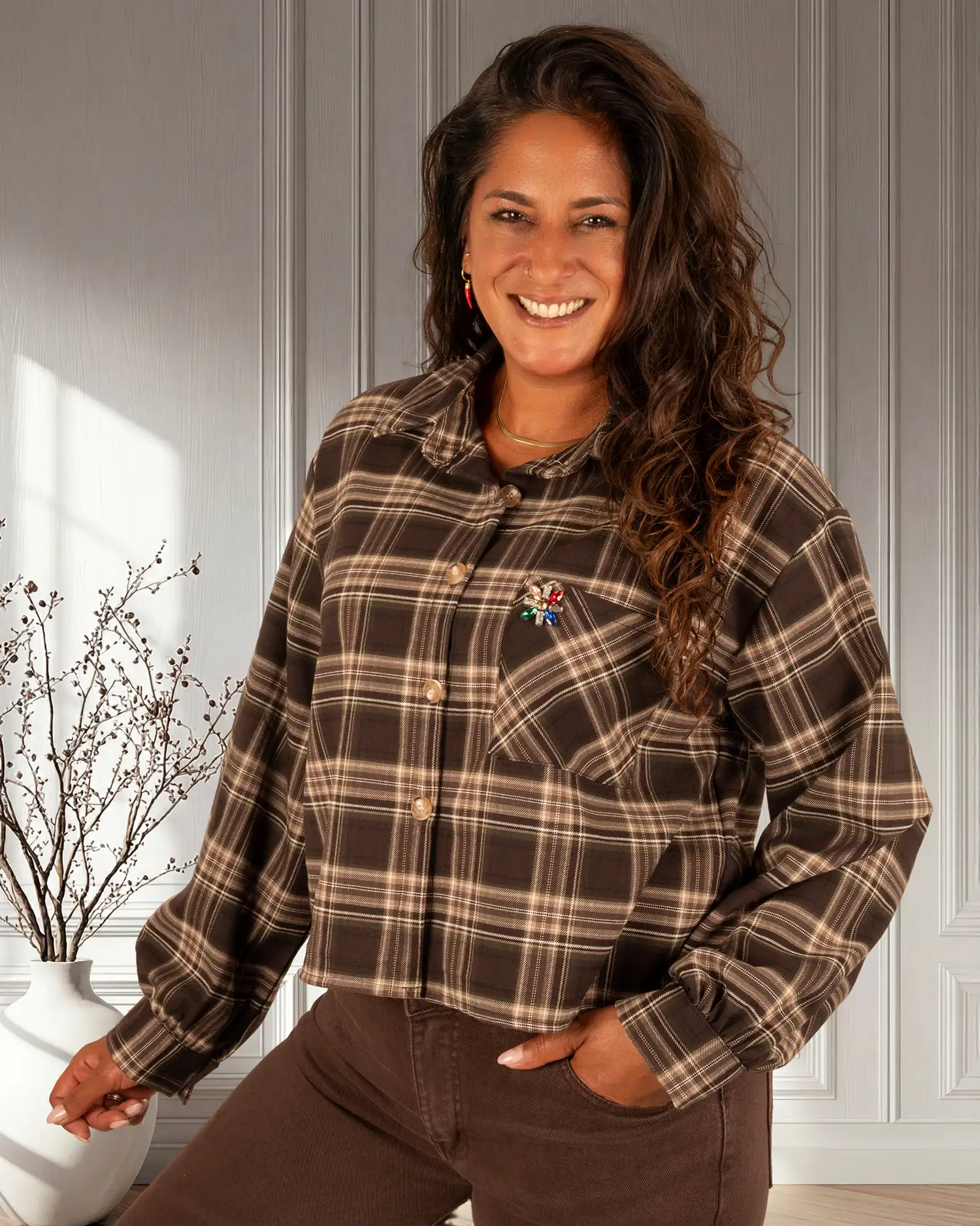 Donkerbruin/beige geruite korte blouse van El-Vita