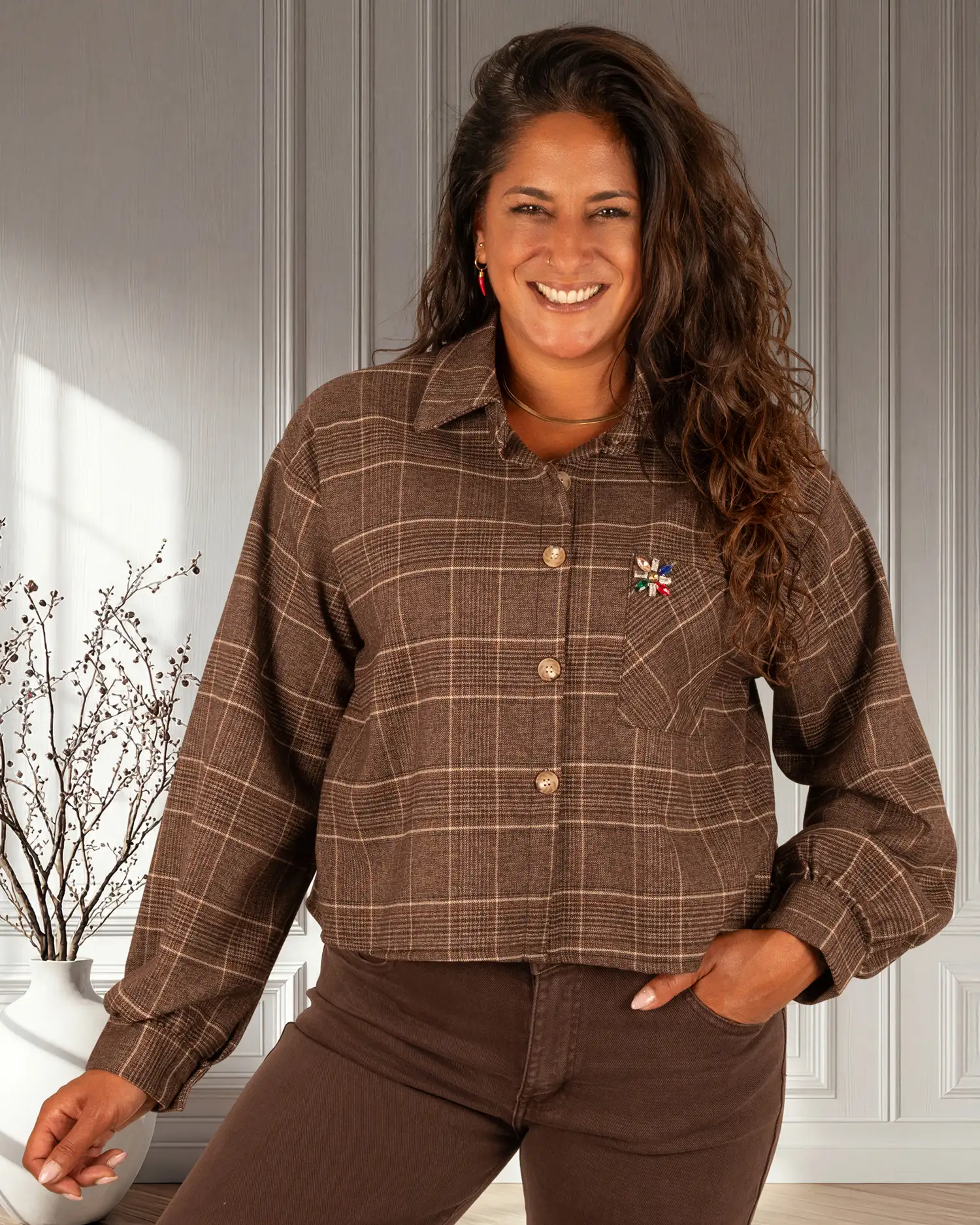Bruin geruite korte blouse van El-Vita - Afbeelding 3