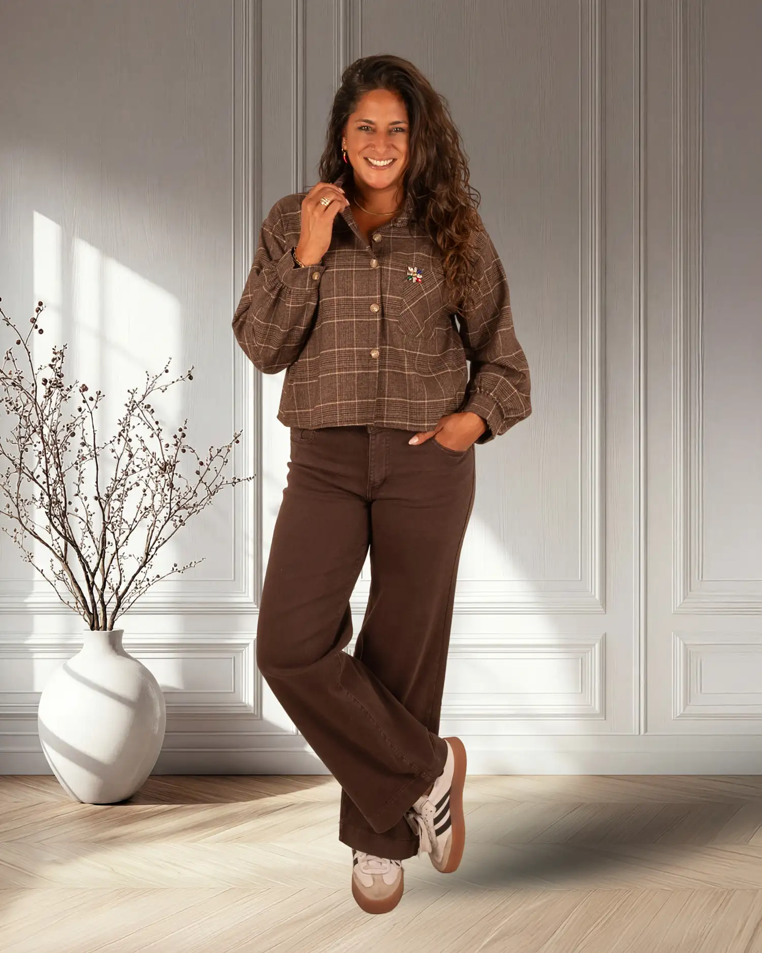 Bruin geruite korte blouse van El-Vita - Afbeelding 2