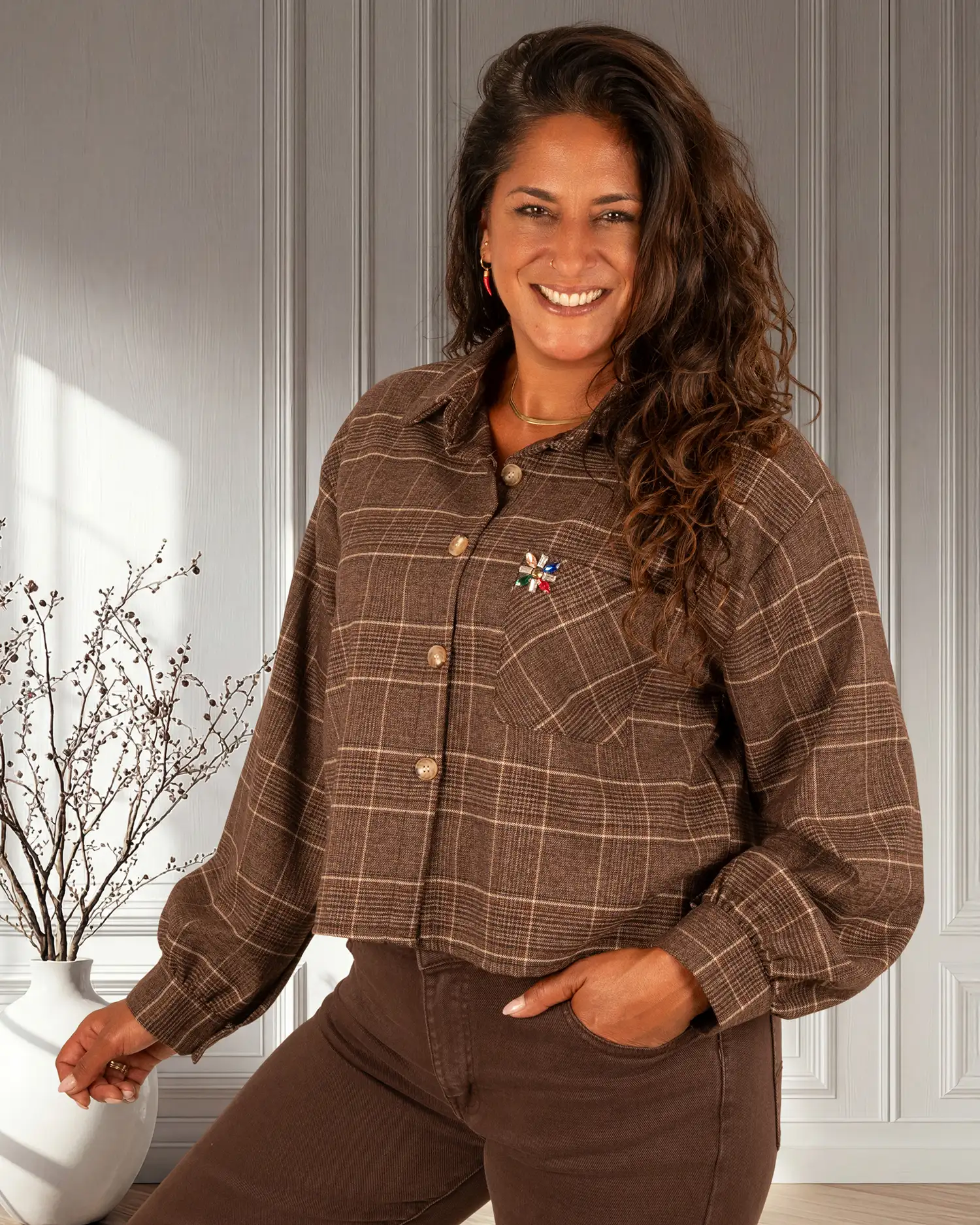 Bruin geruite korte blouse van El-Vita