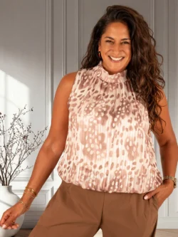 Ecru/taupe print mouwloze ballontop van El-Vita