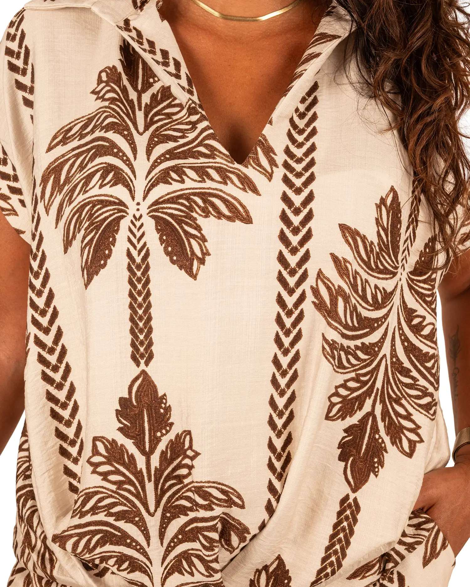 Beige/bruin palmprint blouse van BM - Afbeelding 5