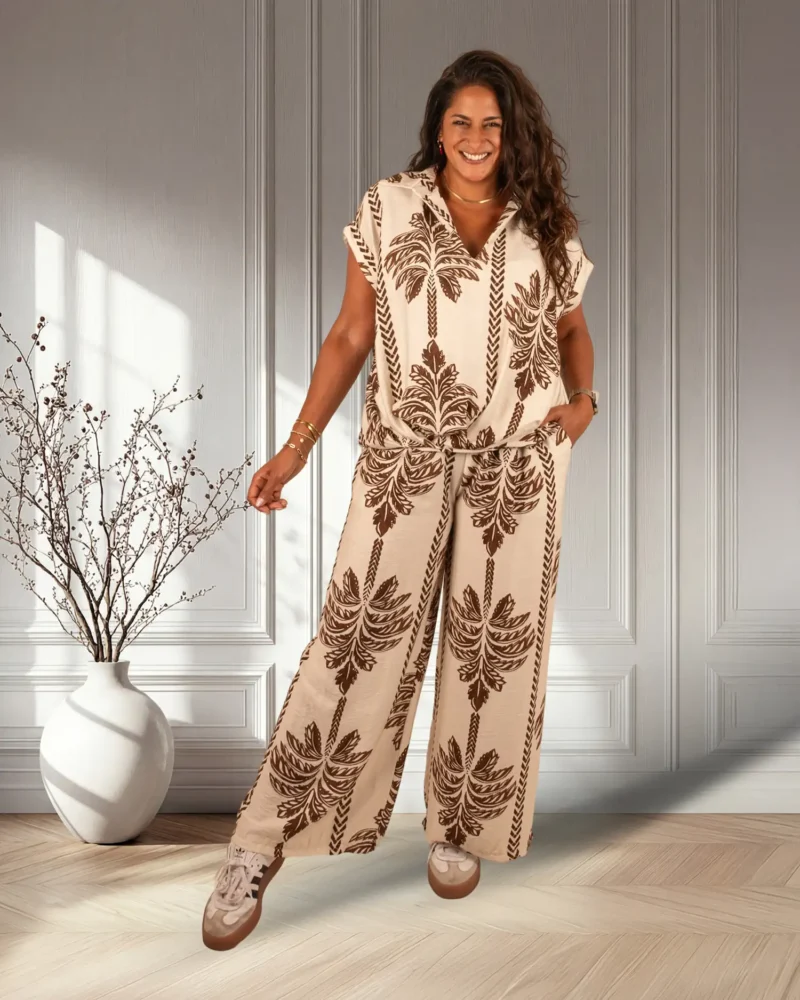 Beige/bruin palmprint blouse van BM - Afbeelding 2