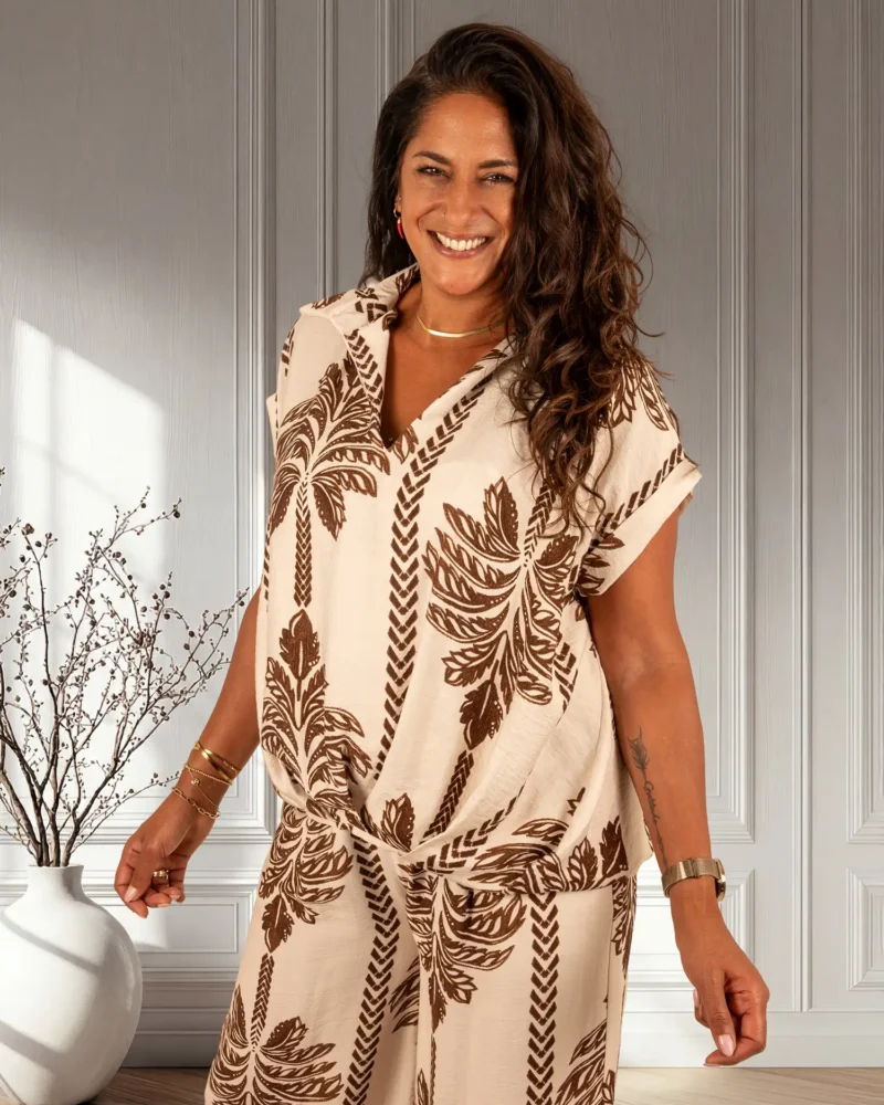 Beige/bruin palmprint blouse van BM - Afbeelding 3