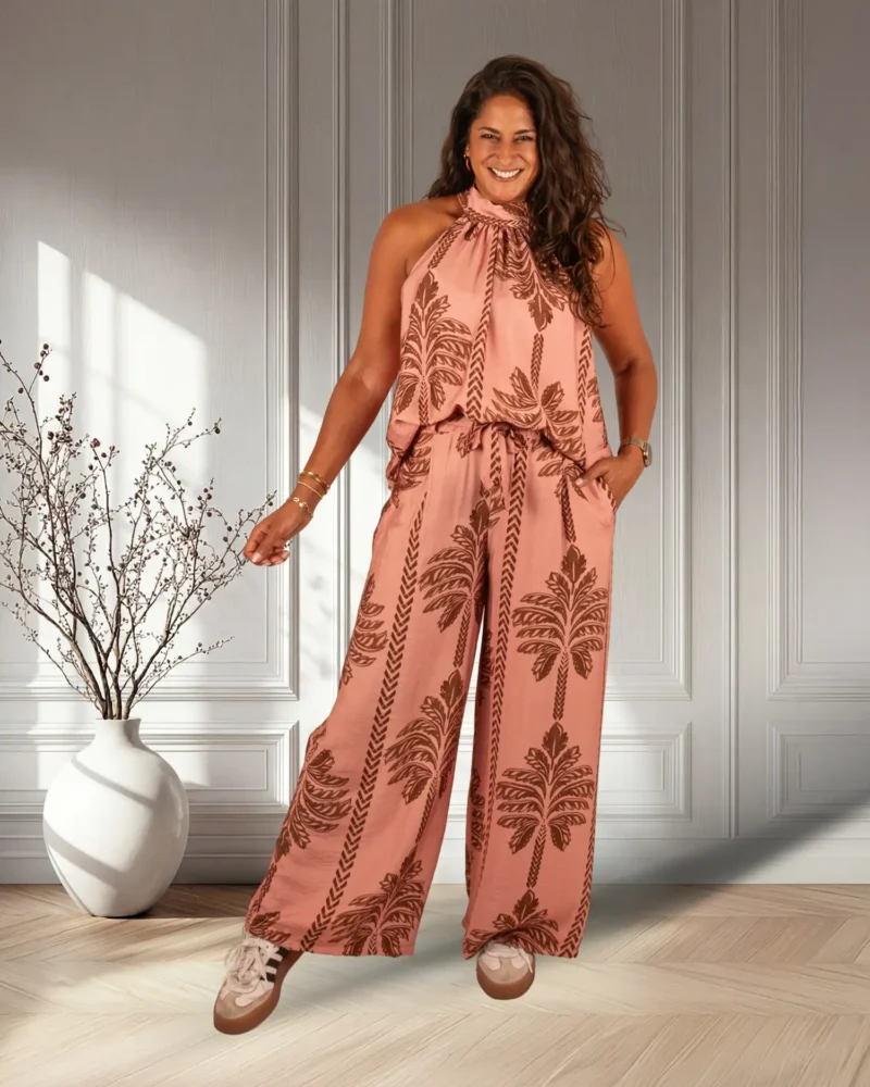 Roze/bruin palmprint haltertop van BM - Afbeelding 2