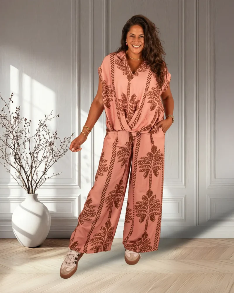 Roze/bruin palmprint wijde broek van BM - Afbeelding 6