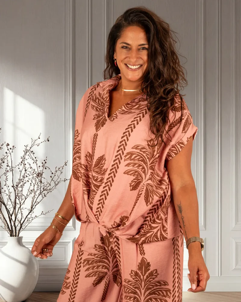 Roze/bruin palmprint blouse van BM - Afbeelding 3