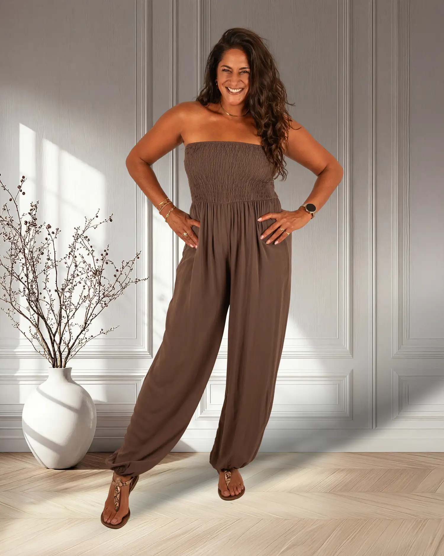 Donkerbruine strapless jumpsuit van New Collection