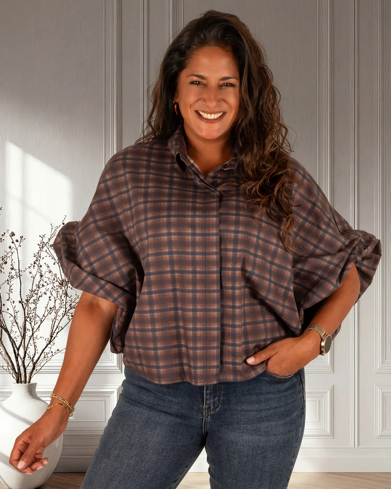 Bruin/blauw geruite oversized blouse van Gemma Ricceri