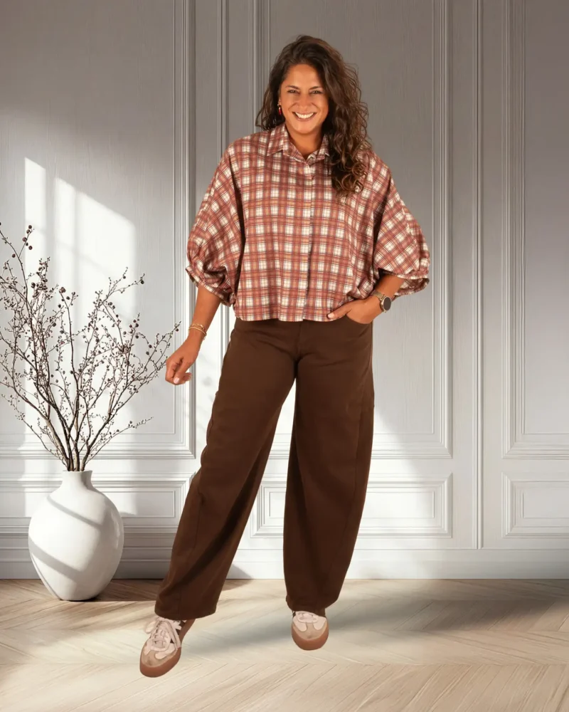 Bordeaux/ecru geruite oversized blouse van El-Vita - Afbeelding 2
