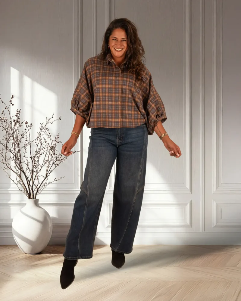 Camel/grijs geruite oversized blouse van Gemma Ricceri - Afbeelding 3