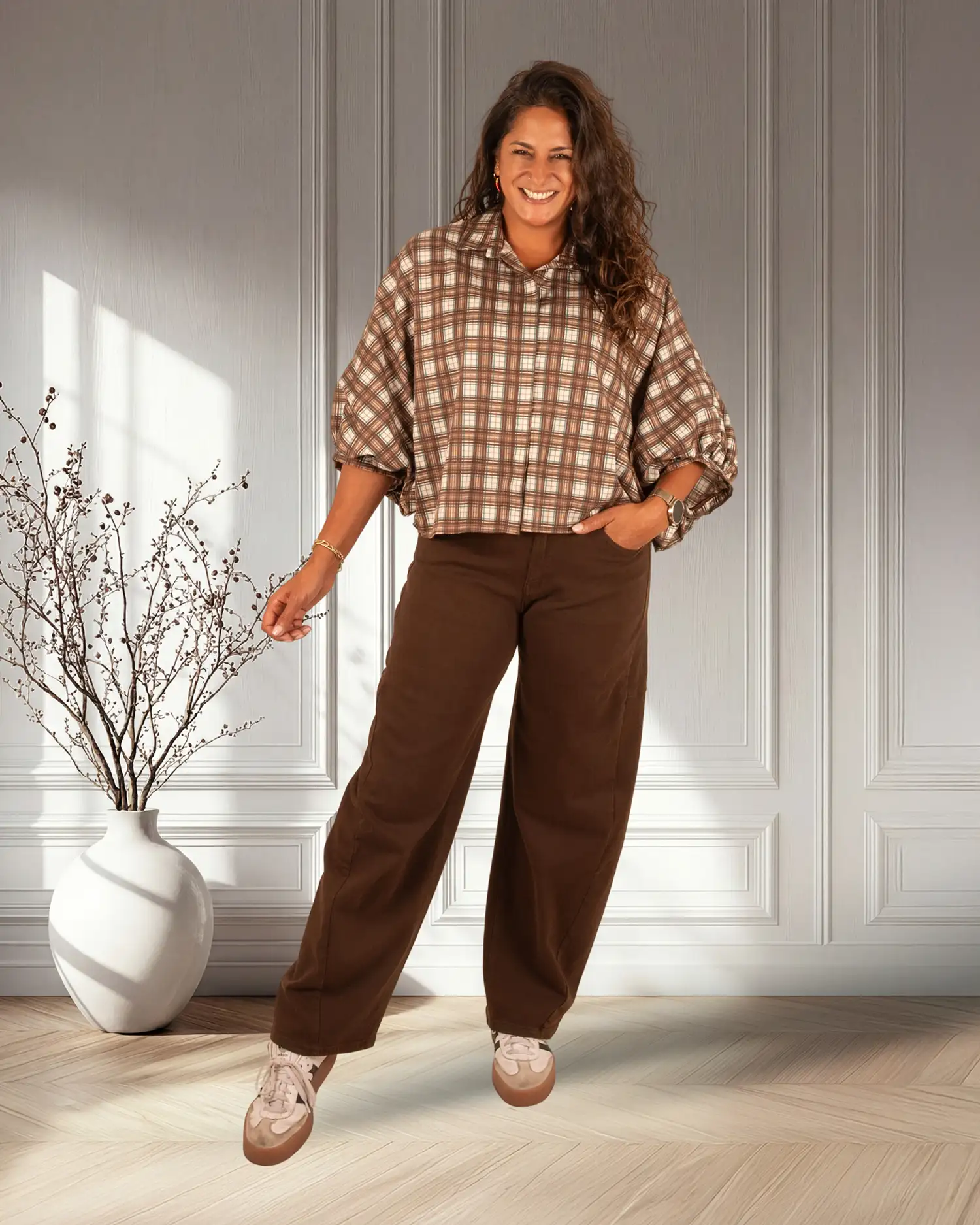 Bruin/ecru geruite oversized blouse van El-Vita - Afbeelding 2