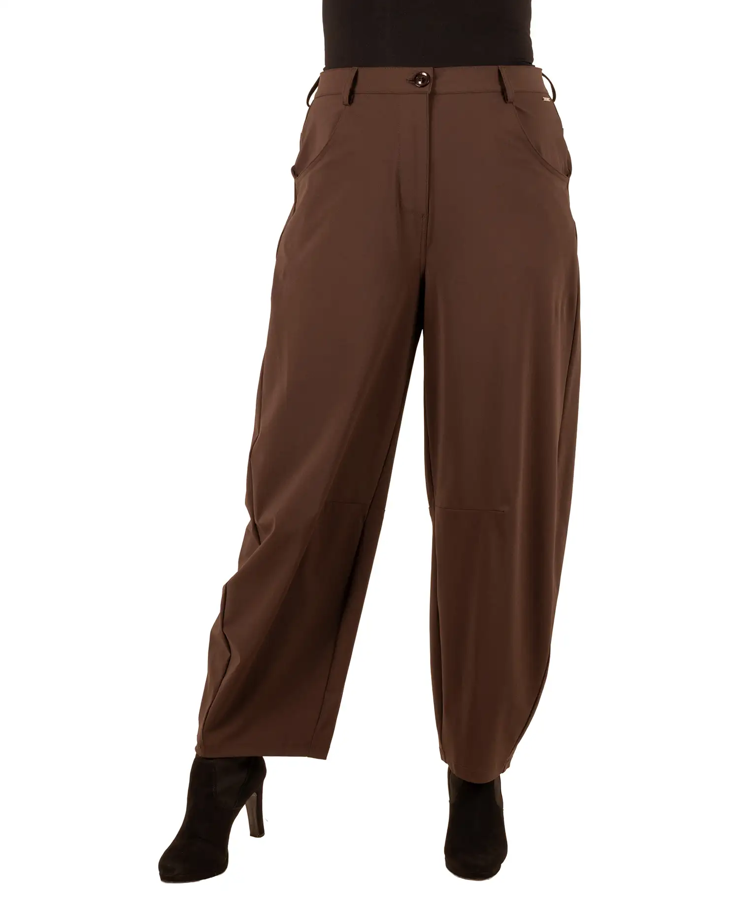 Donkerbruine travelstof barrel broek van Mi Piace - Afbeelding 3