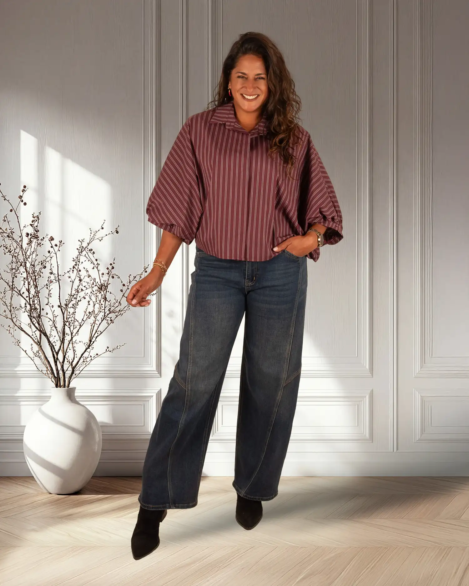 Bordeaux gestreepte oversized blouse van Gemma Ricceri - Afbeelding 3