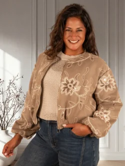 Taupe bloemen pailletten bomberjack van El-vita
