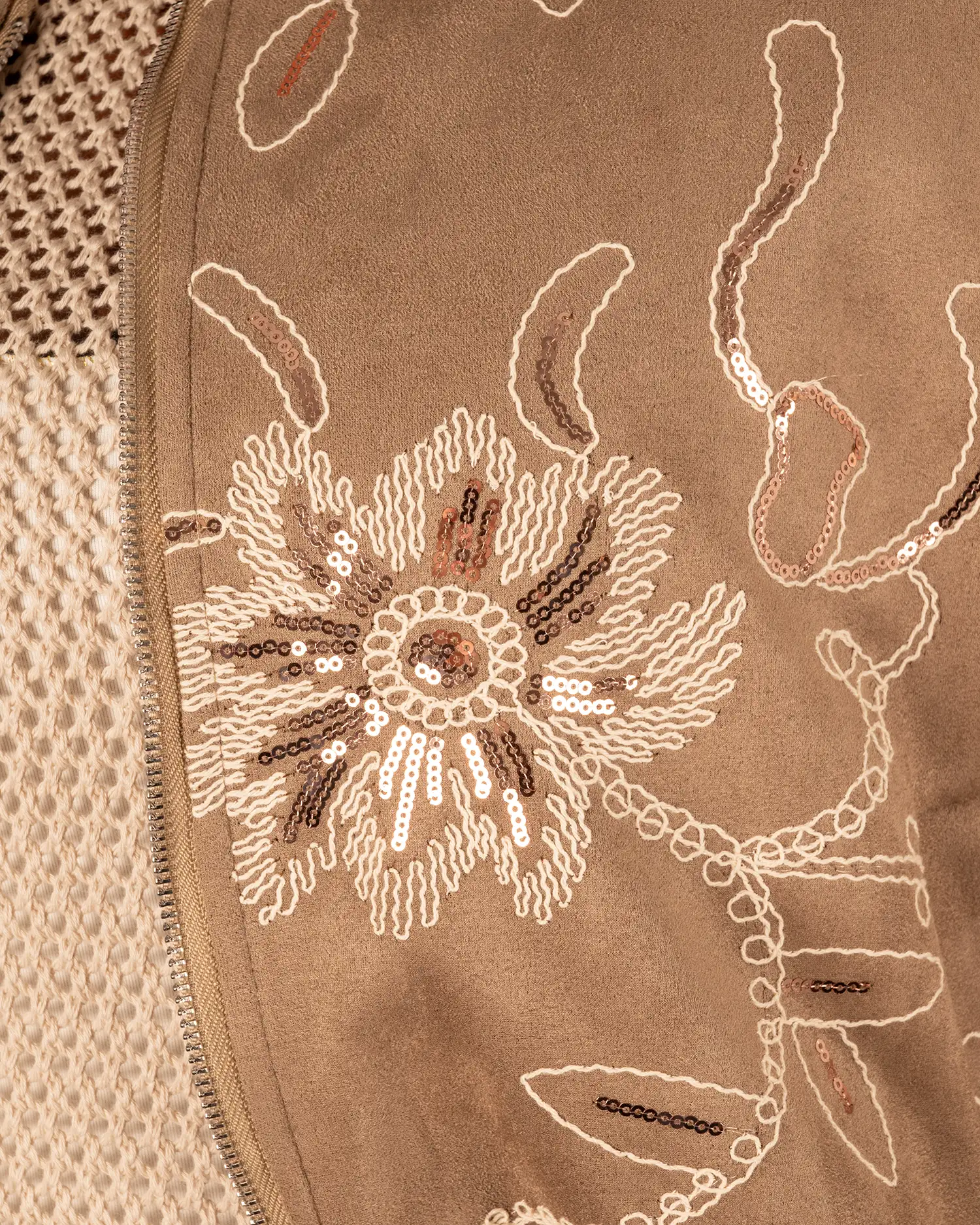 Taupe bloemen pailletten bomberjack van El-vita - Afbeelding 5