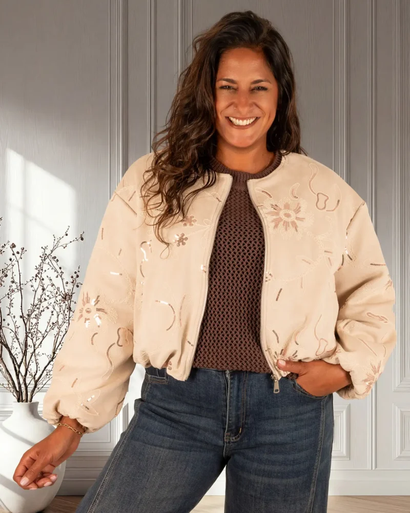 Beige bloemen pailletten bomberjack van El-vita - Afbeelding 3