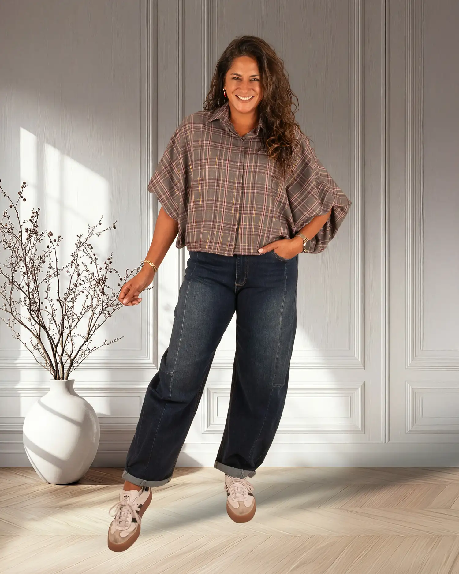 Grijs/roze geruite oversized blouse van El-Vita - Afbeelding 2