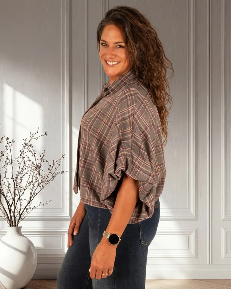 Grijs/roze geruite oversized blouse van El-Vita - Afbeelding 4