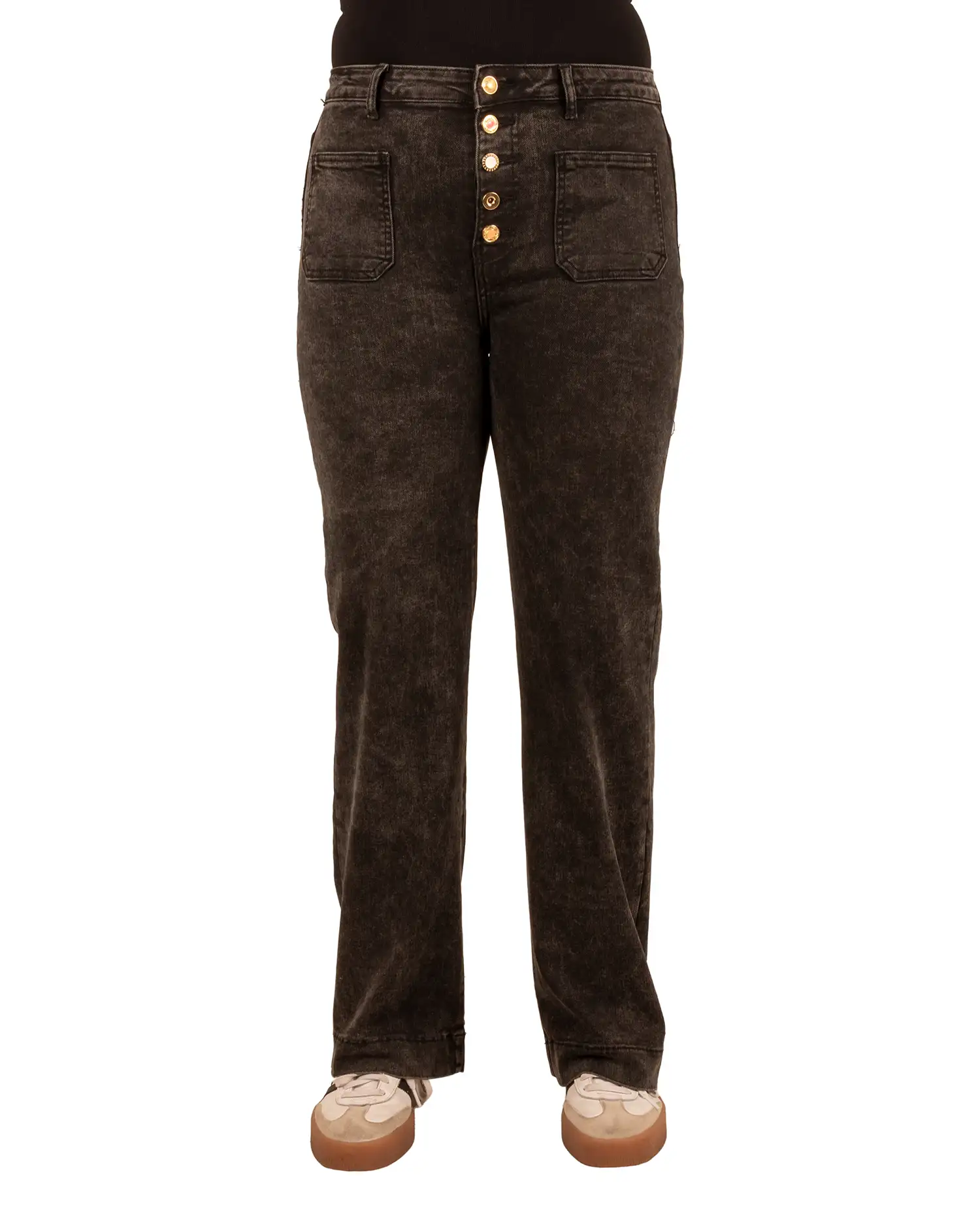 Donkergrijze wide leg jeans met knopen van Miss Bon - Afbeelding 4