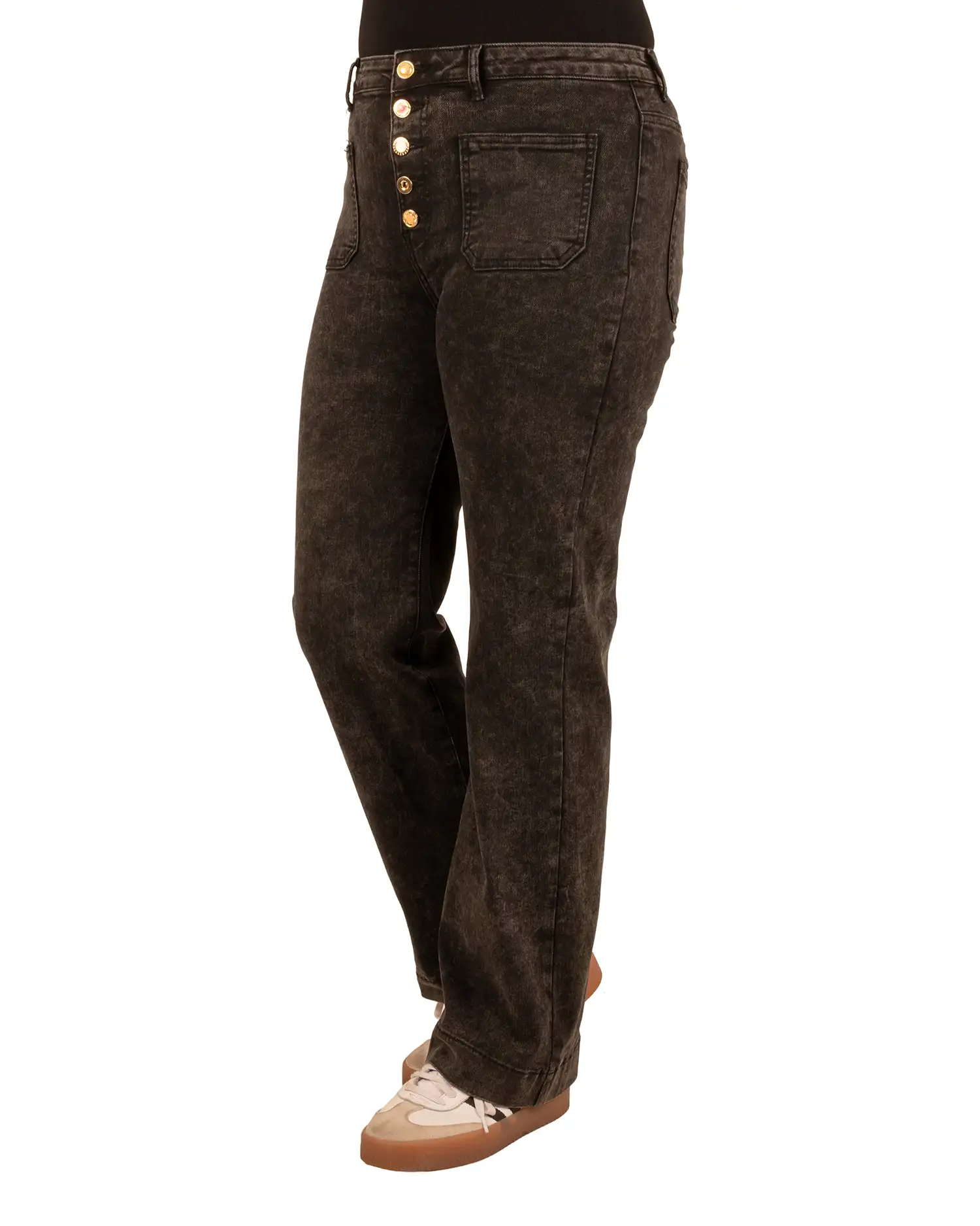 Donkergrijze wide leg jeans met knopen van Miss Bon - Afbeelding 2