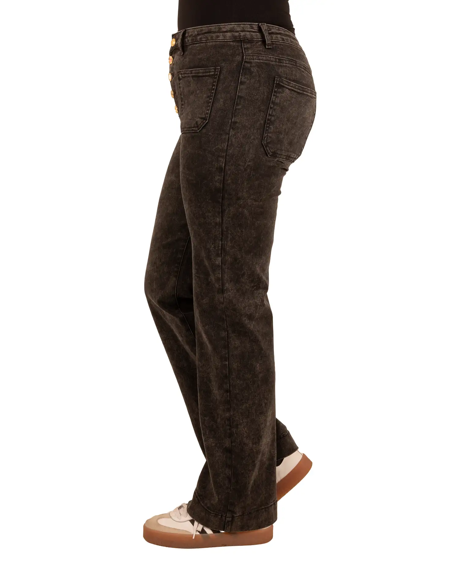 Donkergrijze wide leg jeans met knopen van Miss Bon - Afbeelding 3