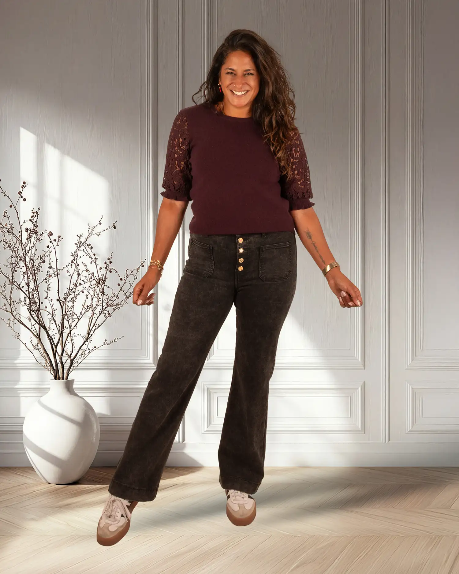 Donkergrijze wide leg jeans met knopen van Miss Bon