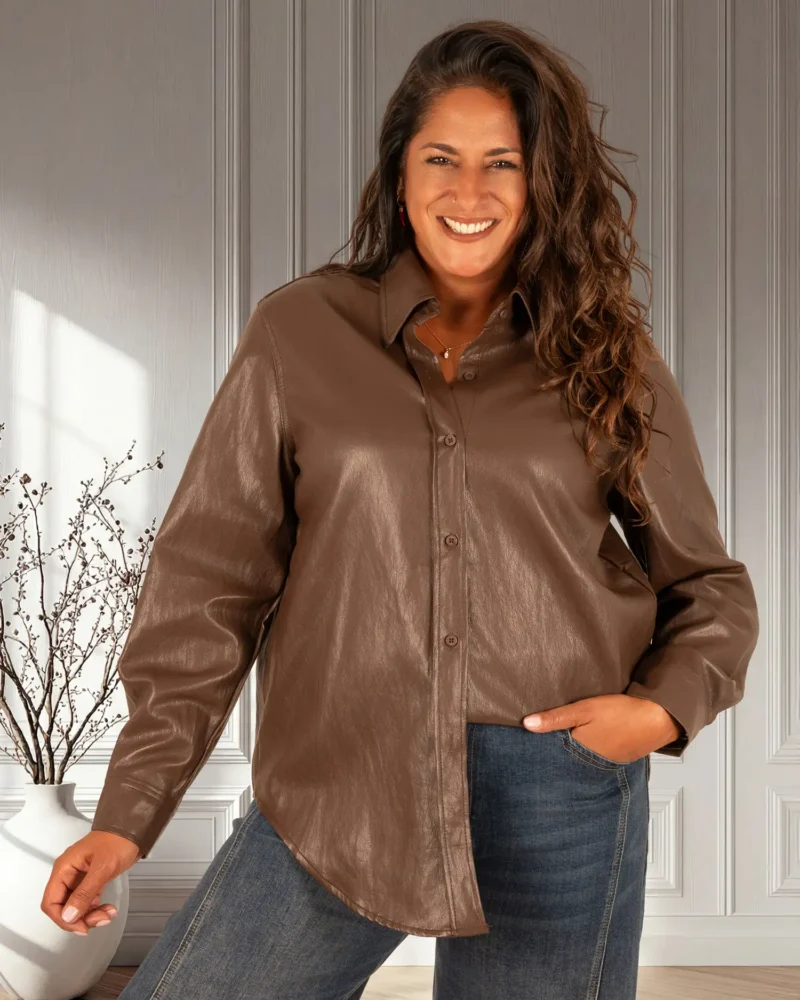 Donkerbruine leatherlook blouse van Soky & Soka - Afbeelding 2