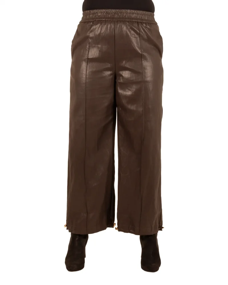 Donkerbruine leatherlook rechte broek van Lunova - Afbeelding 5
