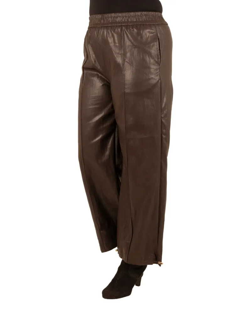 Donkerbruine leatherlook rechte broek van Lunova - Afbeelding 3