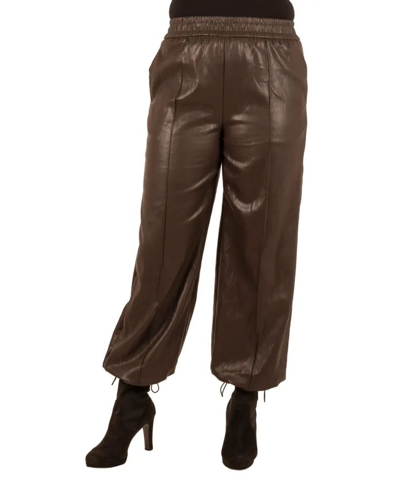 Donkerbruine leatherlook rechte broek van Lunova - Afbeelding 6