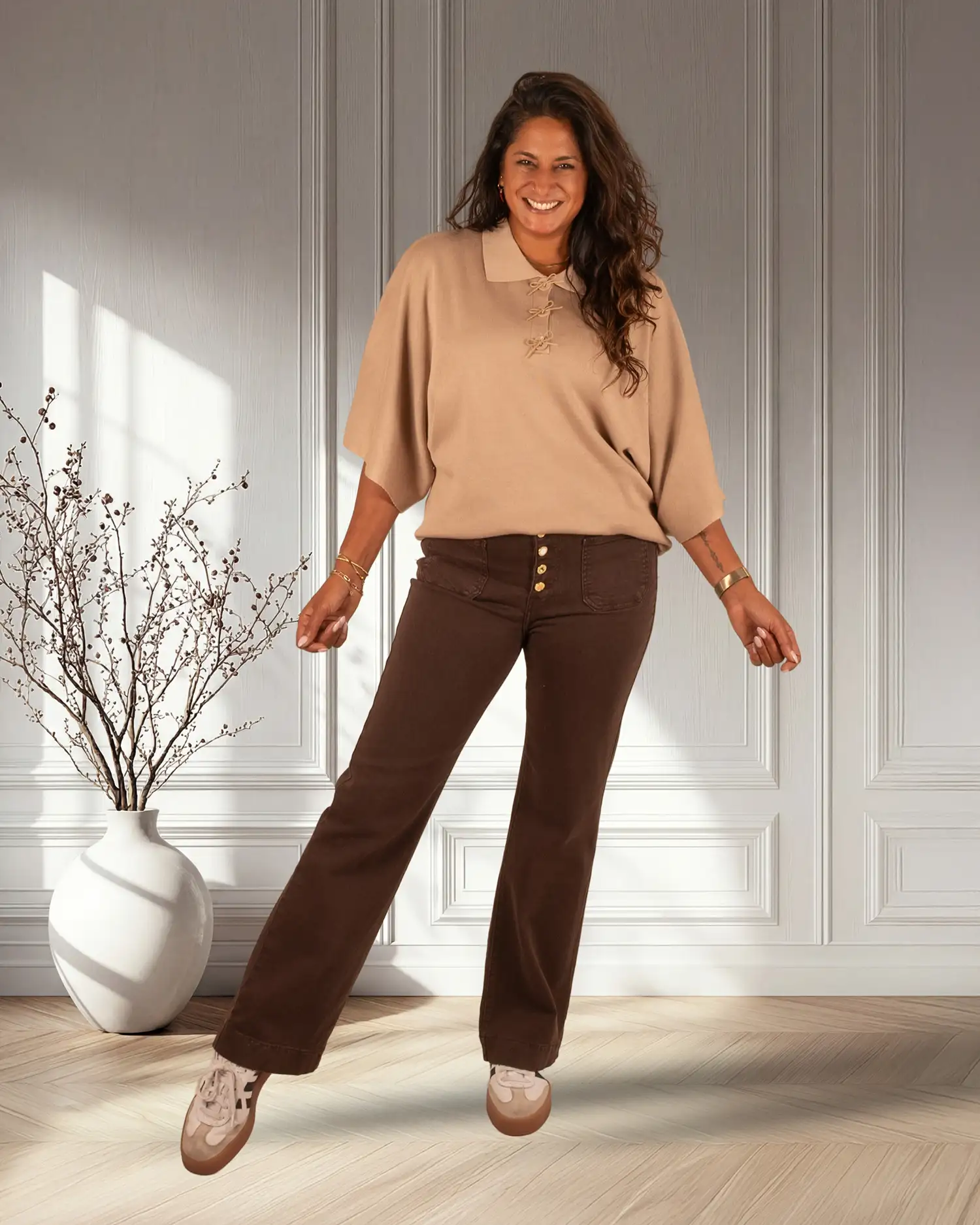 Beige dun gebreide trui met strikjes van mc Lorane - Afbeelding 2