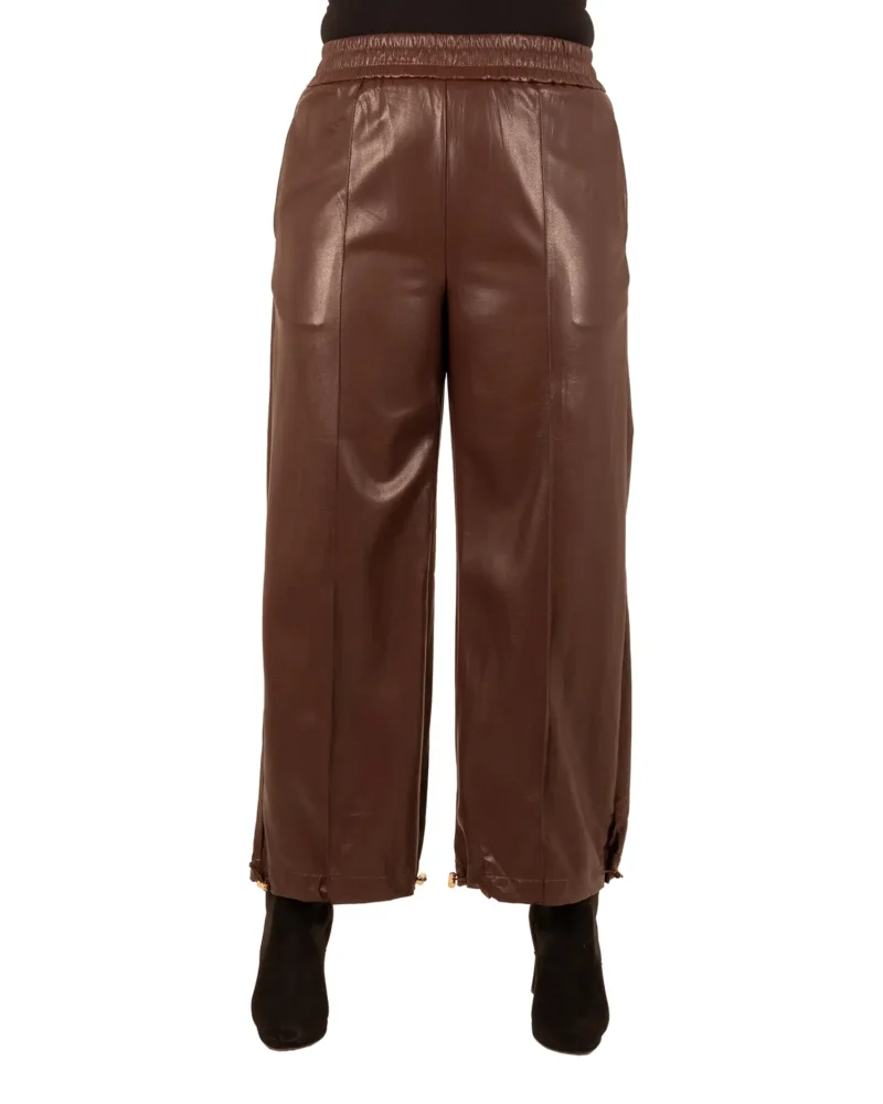 Roodbruine leatherlook rechte broek van Lunova - Afbeelding 5
