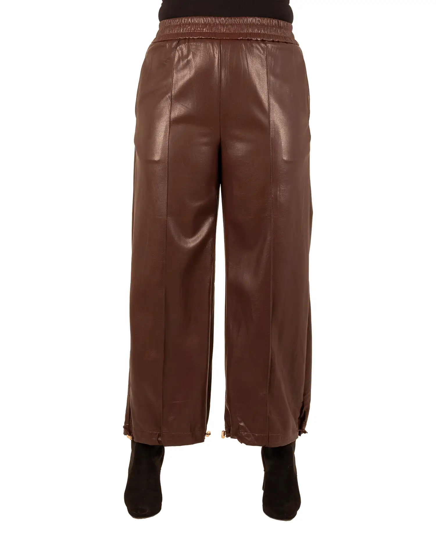Roodbruine leatherlook rechte broek van Lunova - Afbeelding 5